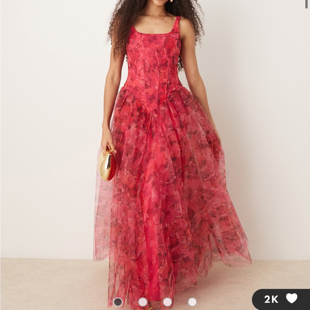 Lace & Beads dropped waist corset detail maxi dress in red & pink floral tulle